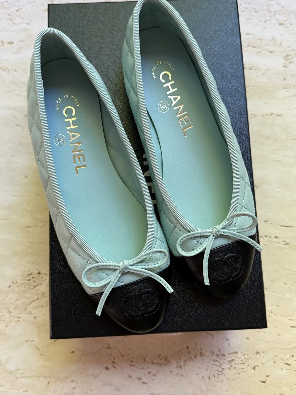 CHANEL Two-Tone Blue and Black Ballerina Flats